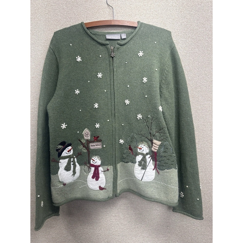 Croft & Barrow Snowman Cardigan Womens PM Green Zip Front Sweater Winter Scene